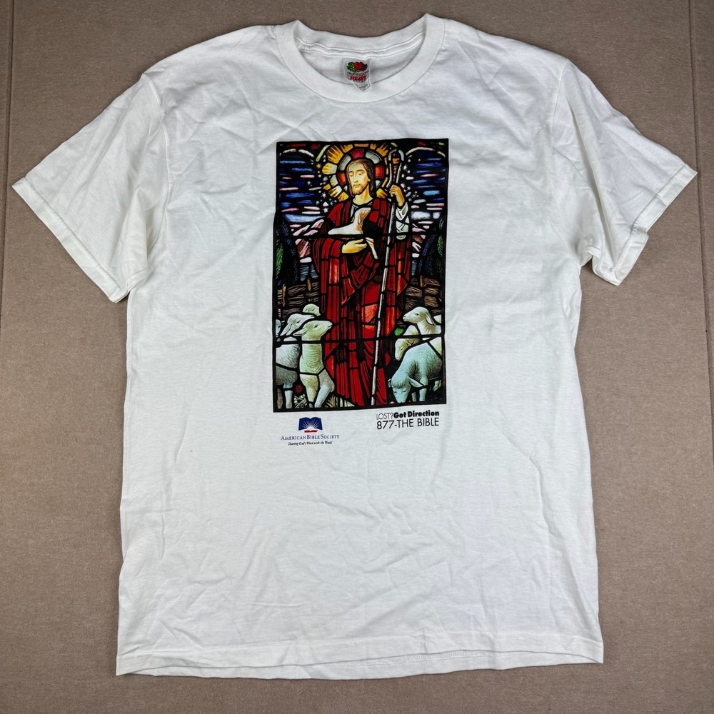 American Bible Society Shirt Mens L White Jesus Shepherd Religious Tee‎ Faith